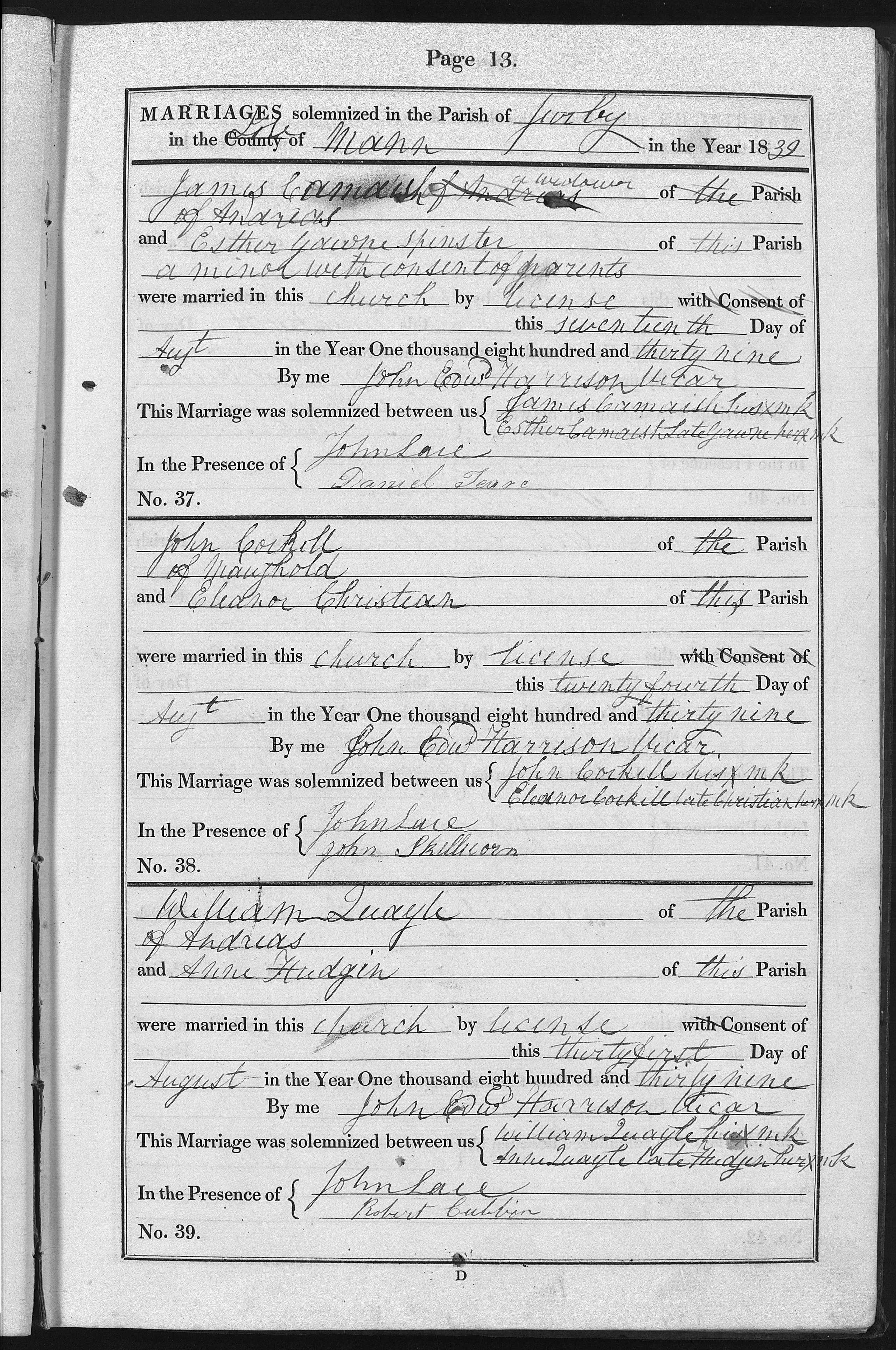 Marriage register entry, Jurby parish, 1839, entry no. 39