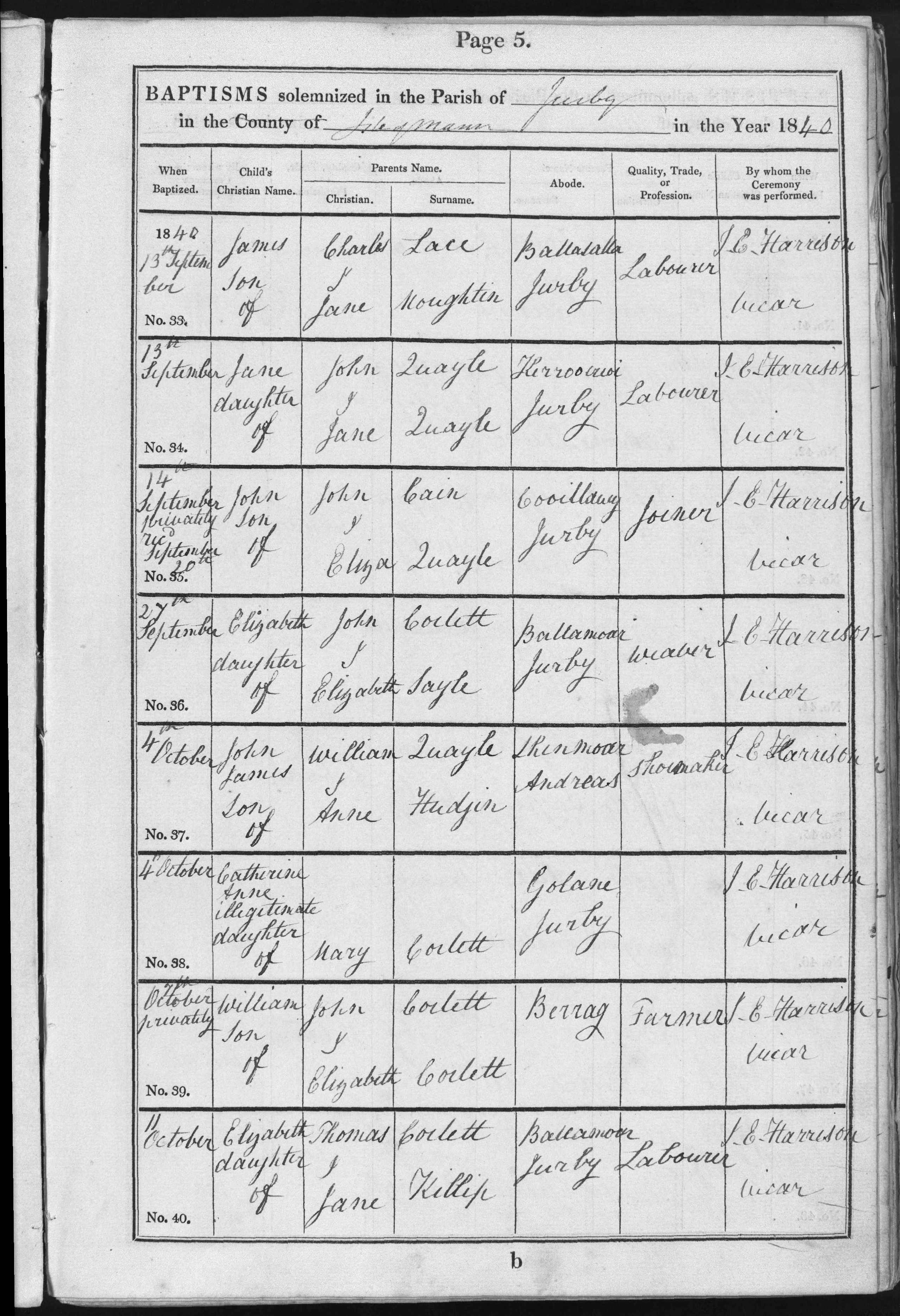Baptism register entry, Jurby parish, 1840, entry no. 37