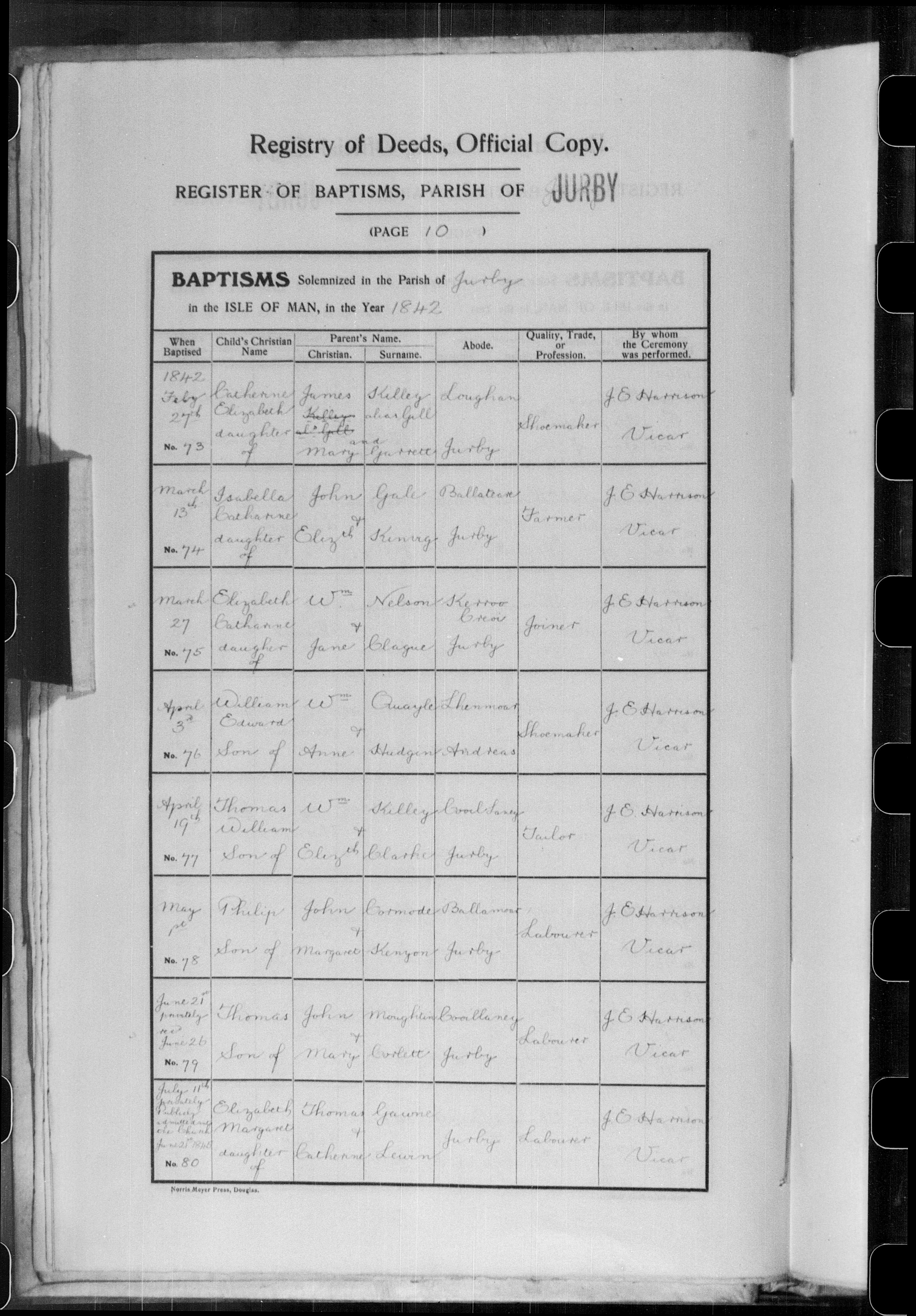 Baptism register entry, Jurby parish, 1842, entry no. 76