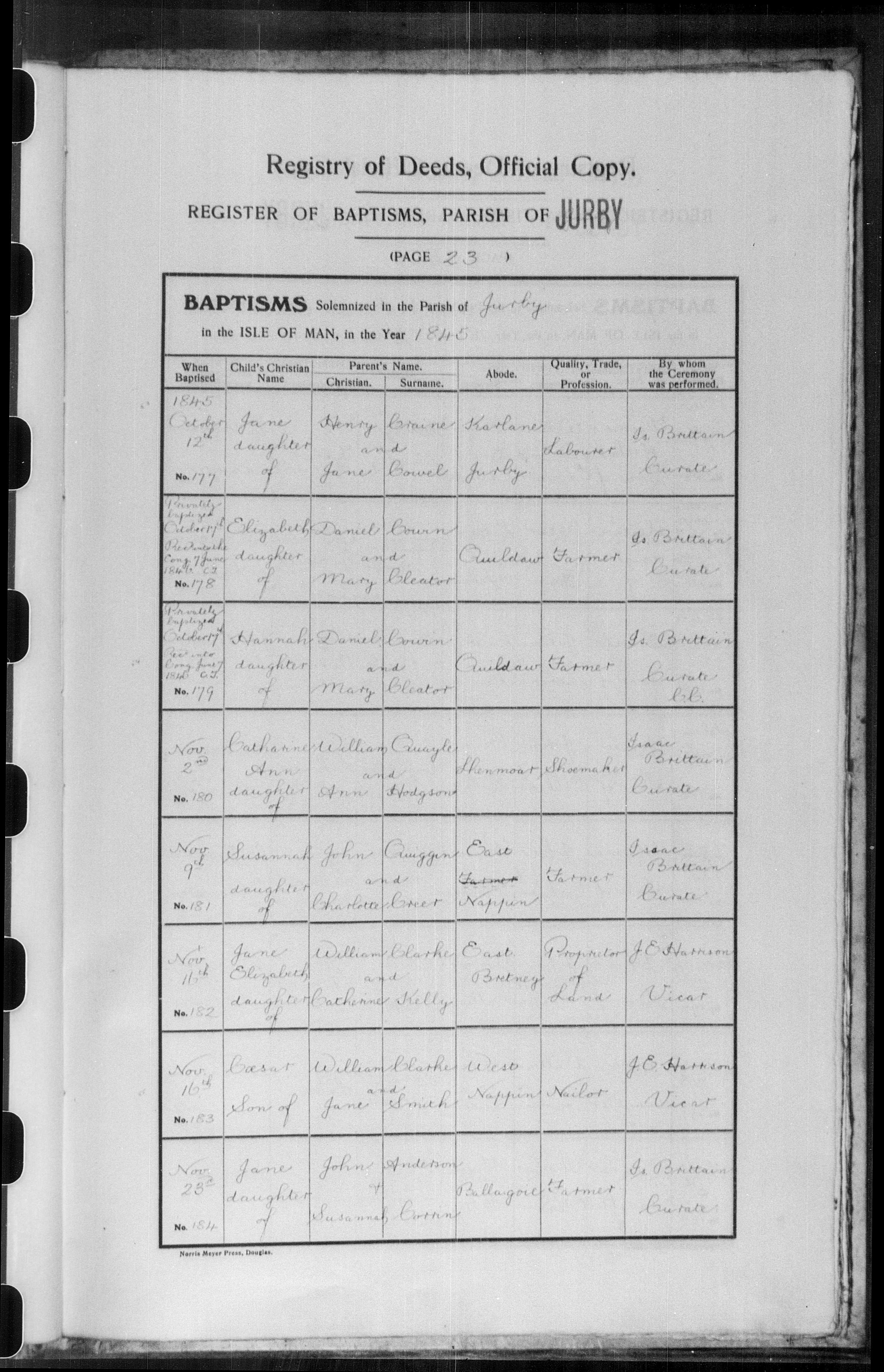 Baptism register entry, Jurby parish, 1845, entry no. 180