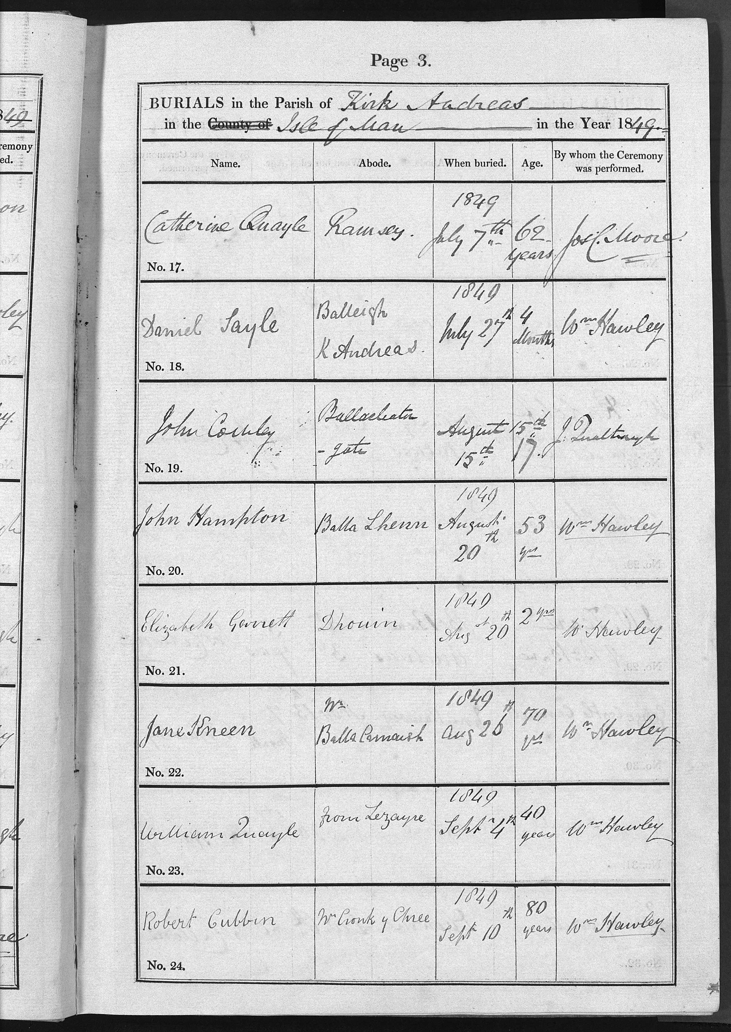 Burial register entry, Kirk Andreas parish, 1849, entry no. 23