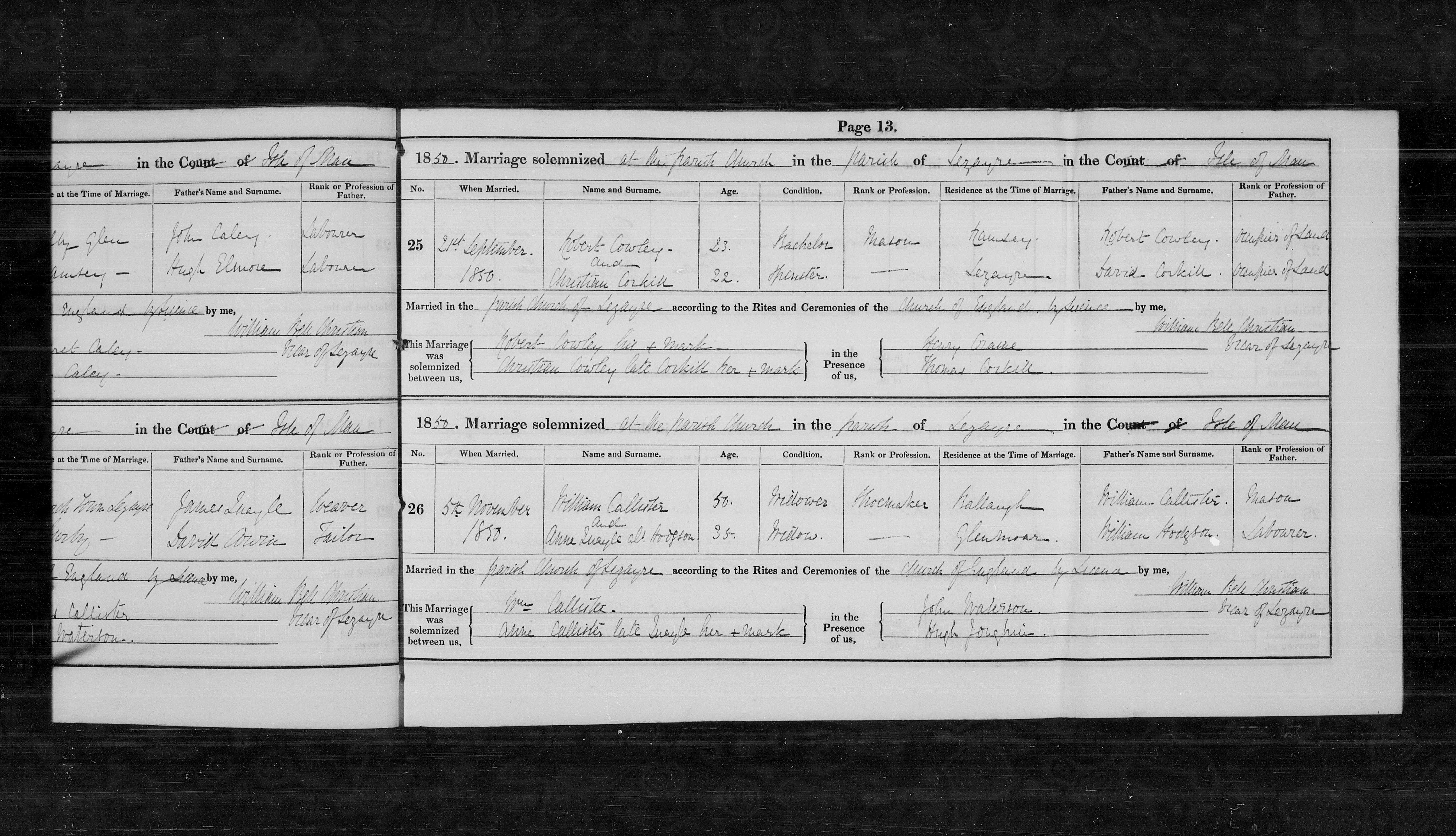 Marriage register entry, Kirk Christ Lezayre, 1850, entry no. 26