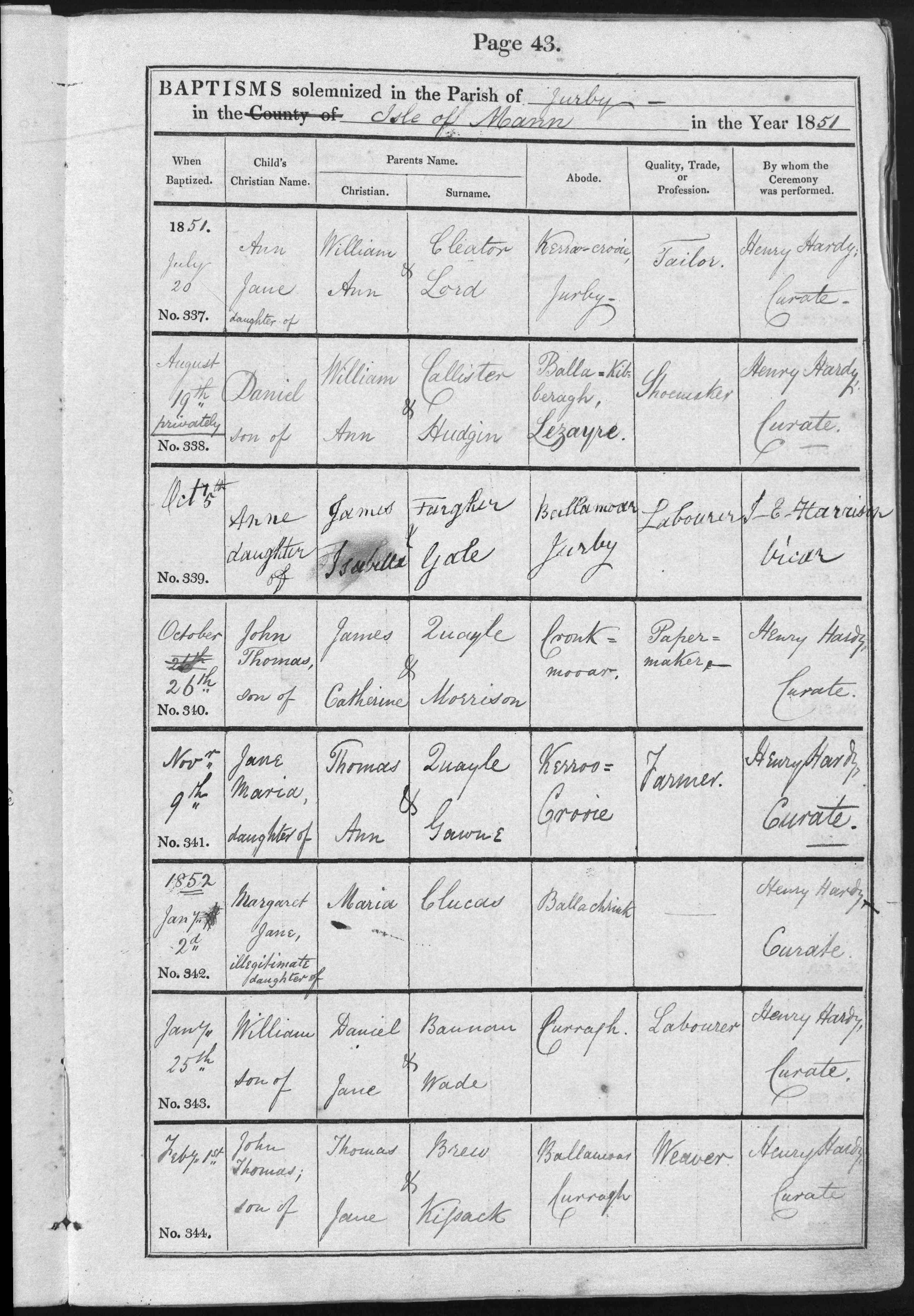 Baptism register entry, Jurby parish, 1851, entry no. 338