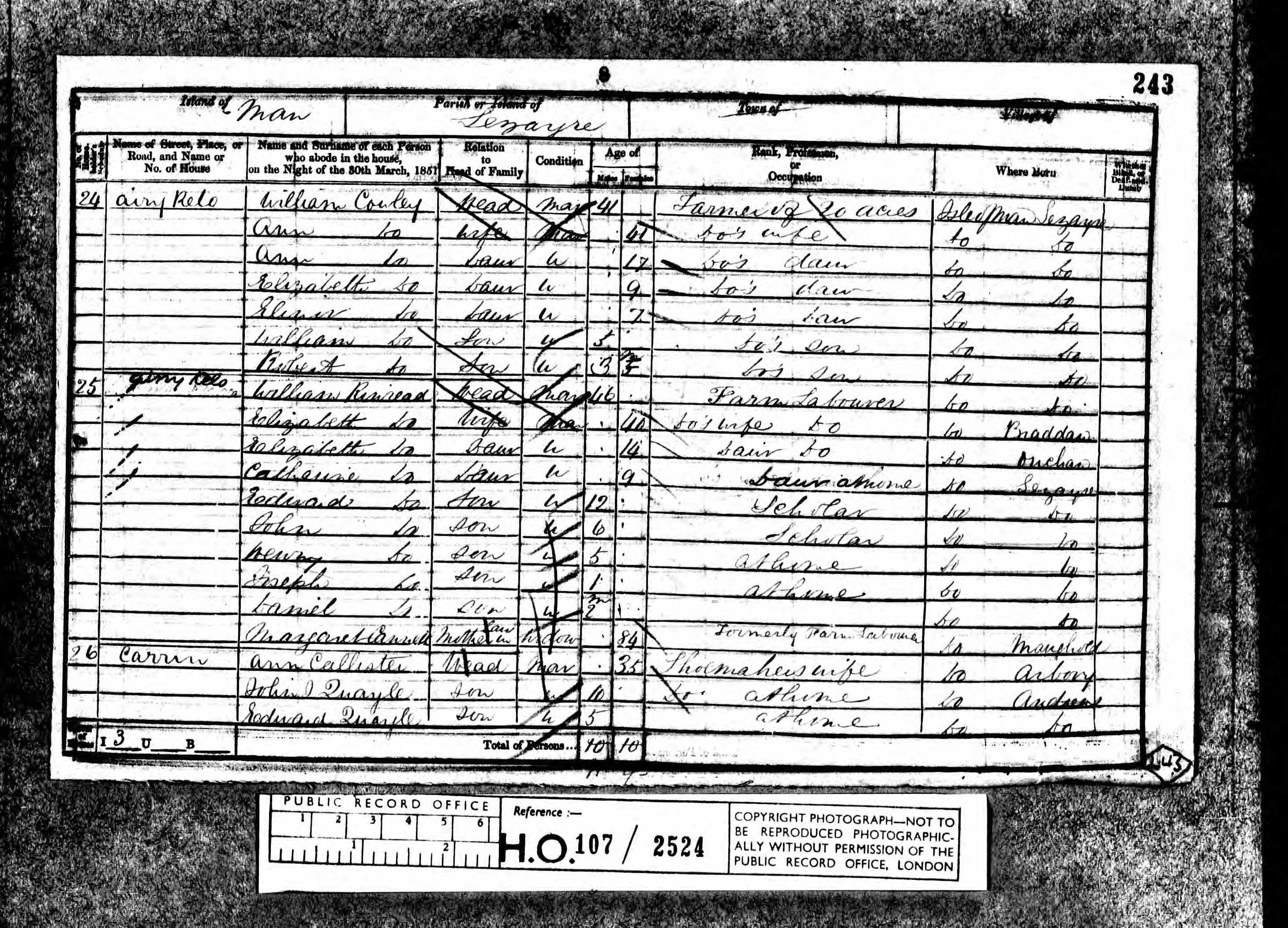 1851 Census, Lezayre, Isle of Man, household schedule 26