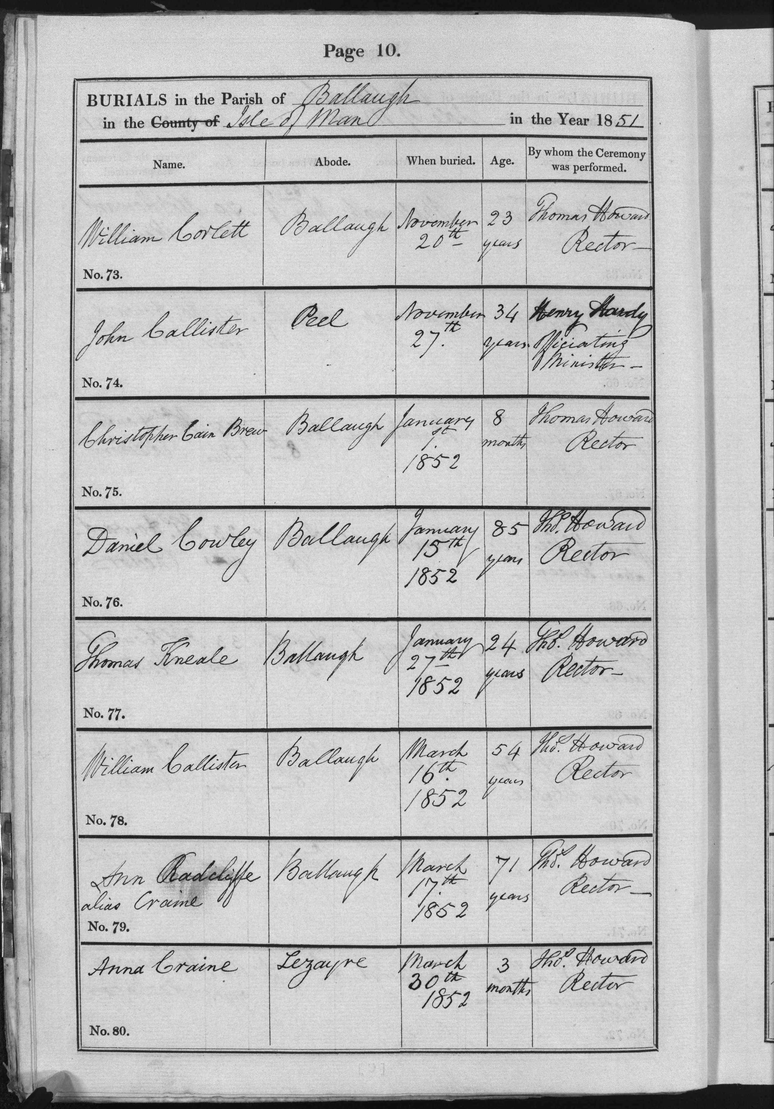 Burial register entry, Ballaugh parish, 1852, entry no. 78