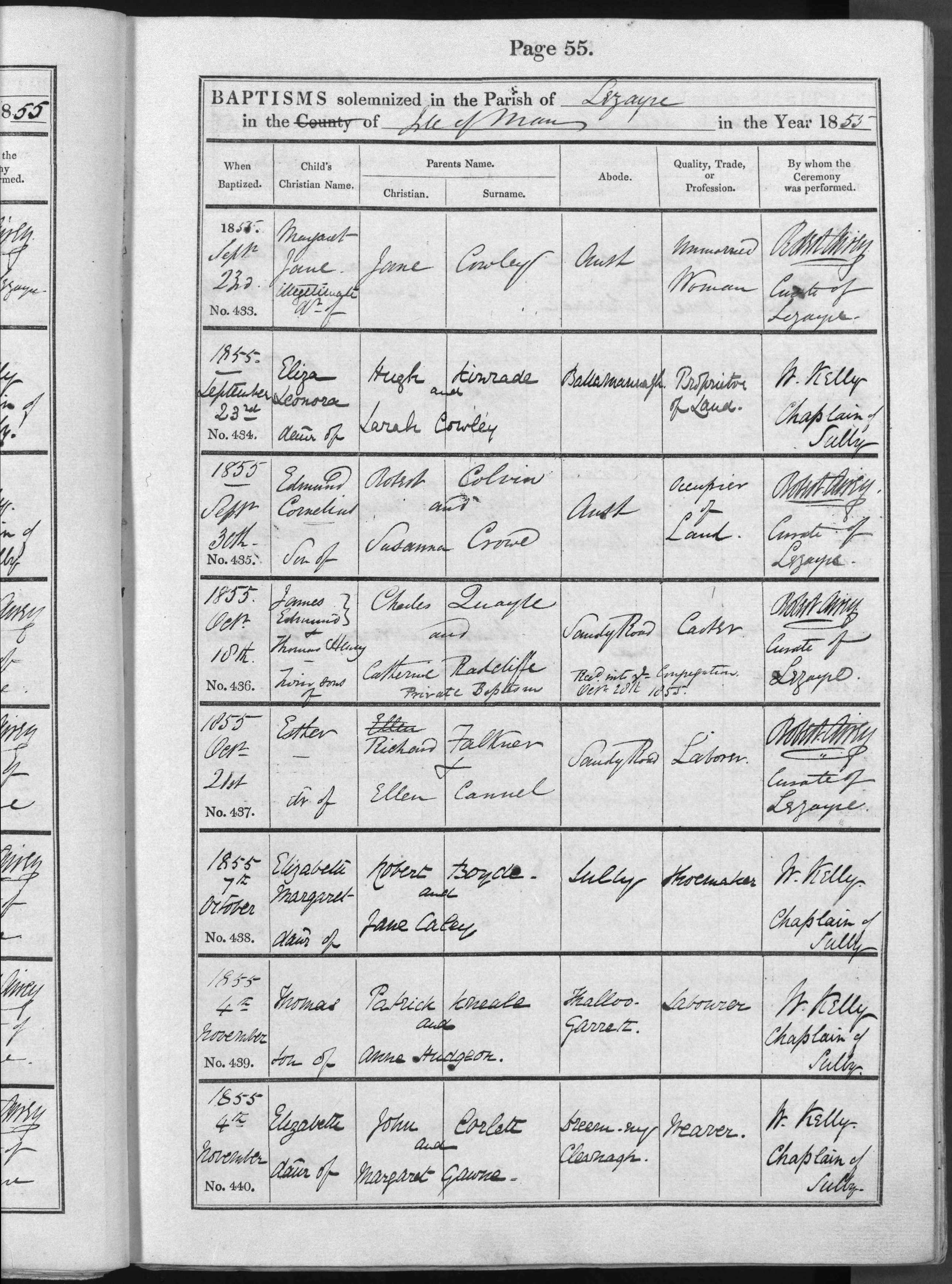 Baptism register entry, Lezayre parish, 1855, entry no. 439