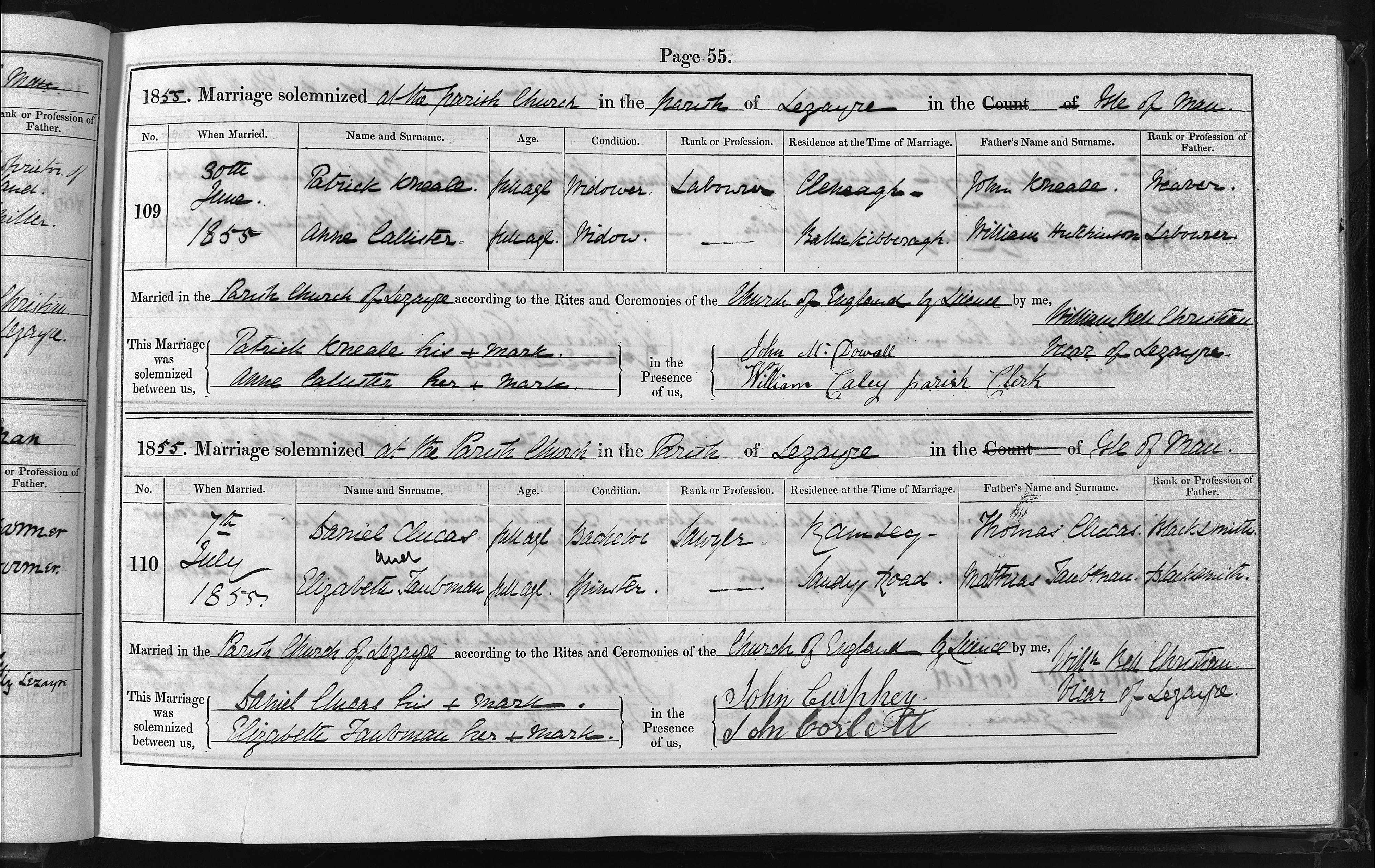 Marriage register entry, Lezayre parish, 1855, entry no. 109