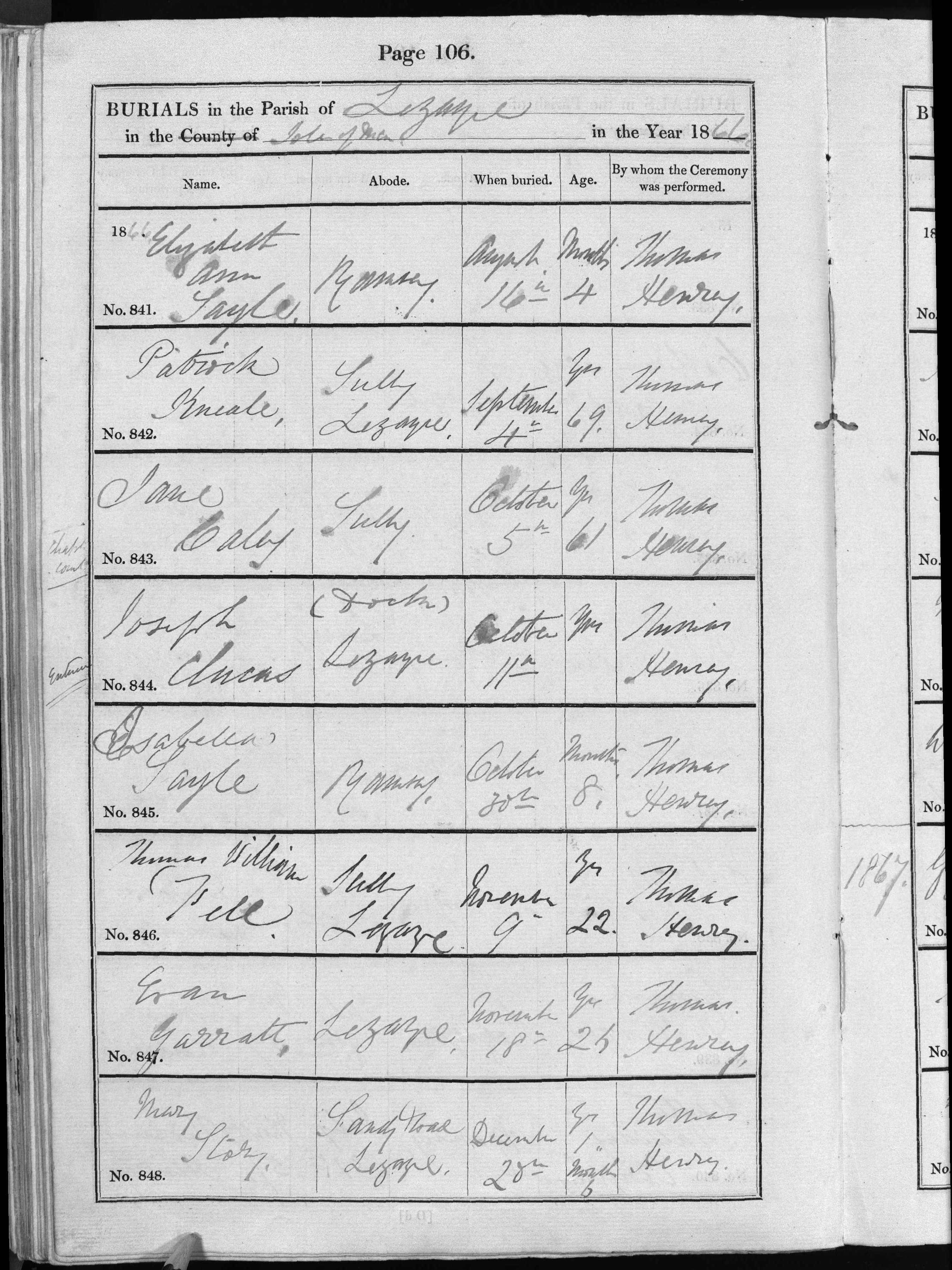 Burial register entry, Lezayre parish, 1866, entry no. 842
