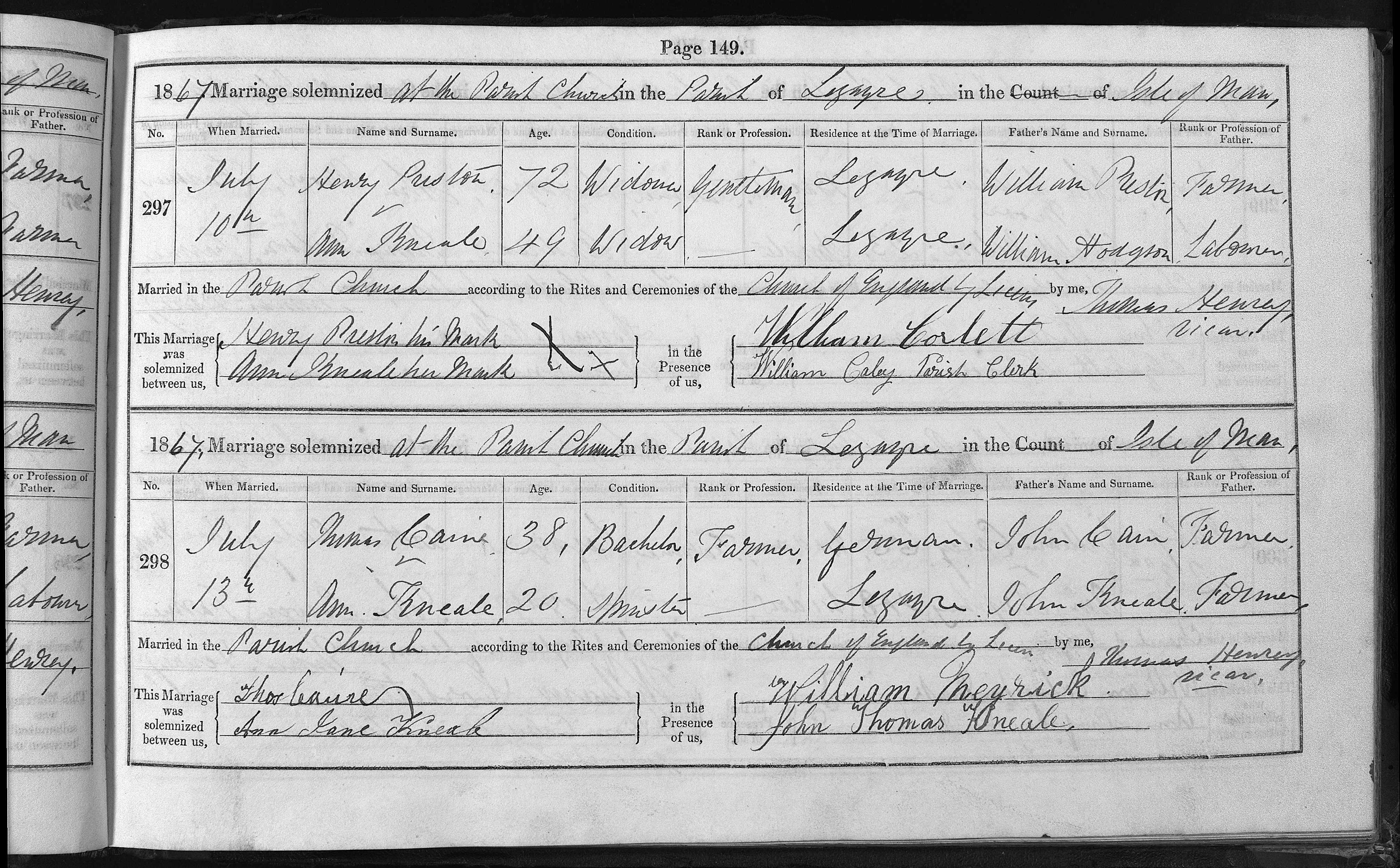 Marriage register entry, Lezayre parish, 1867, entry no. 297
