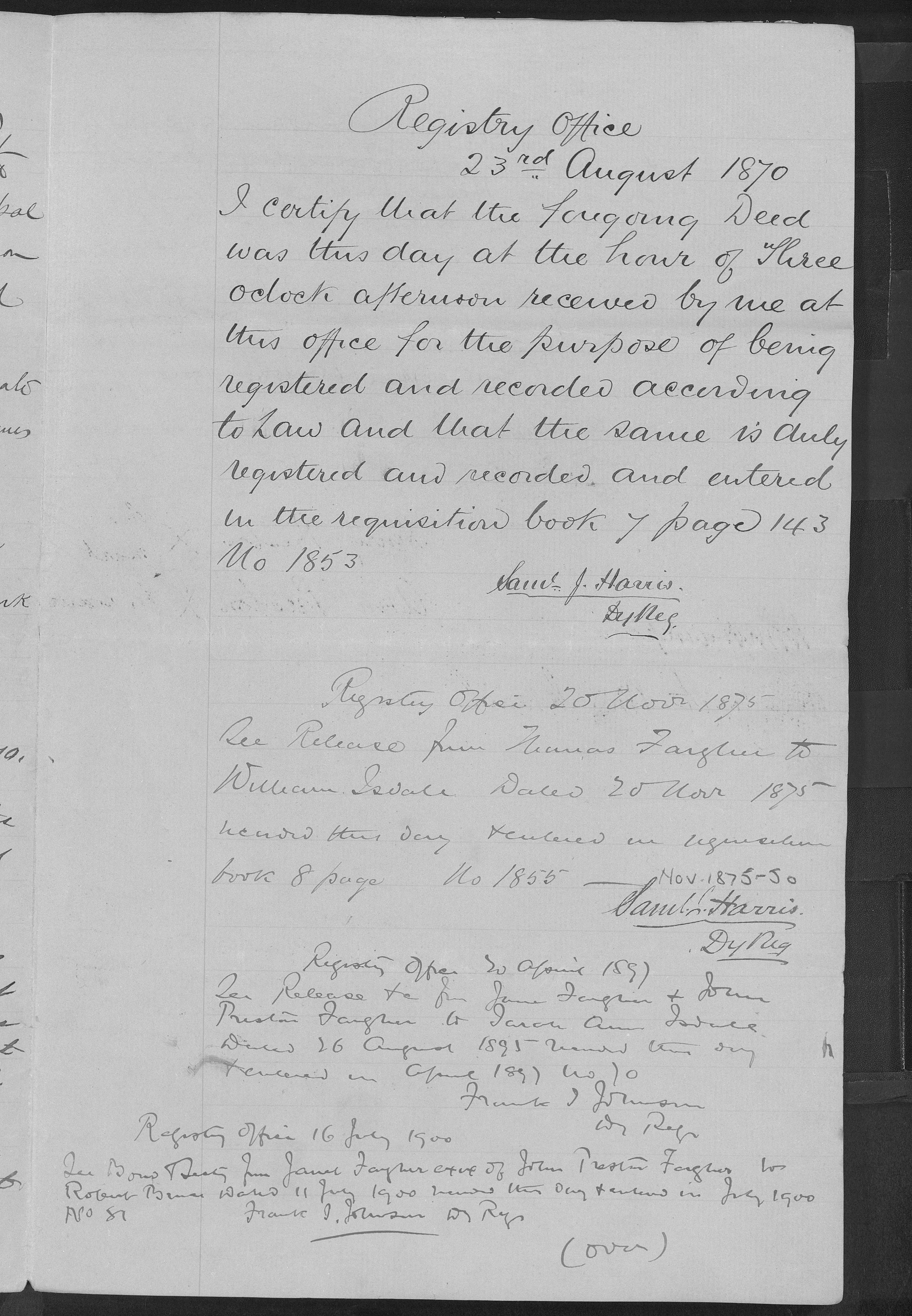 Registry Office endorsements, 1870&ndash;1900