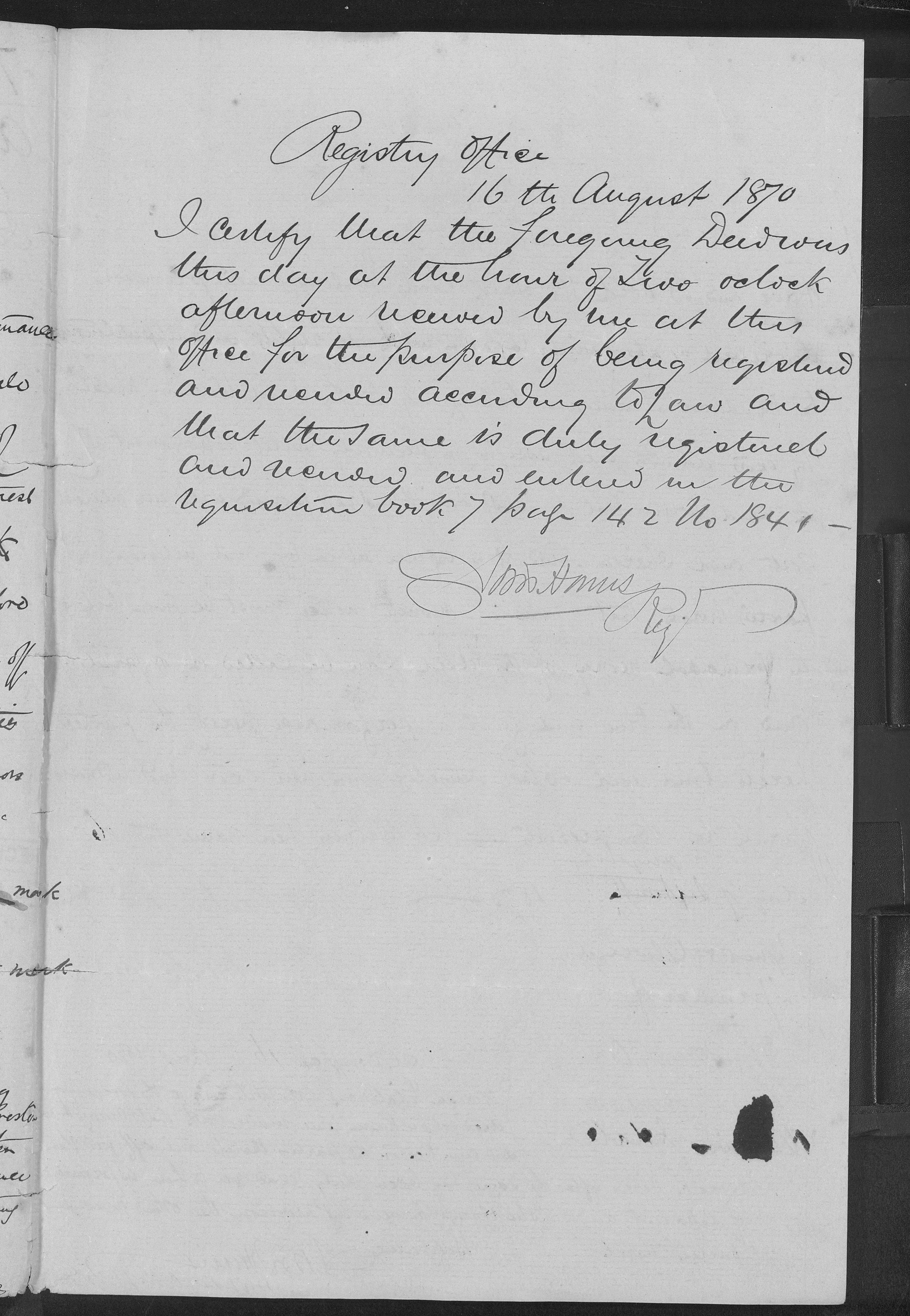 Registry Office certificate, 1870
